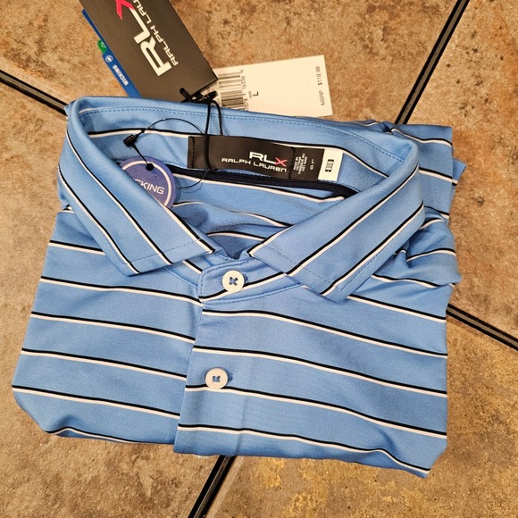RLX Ralph Lauren Mens Blue Striped Performance Golf Polo Shirt L NEW $110
